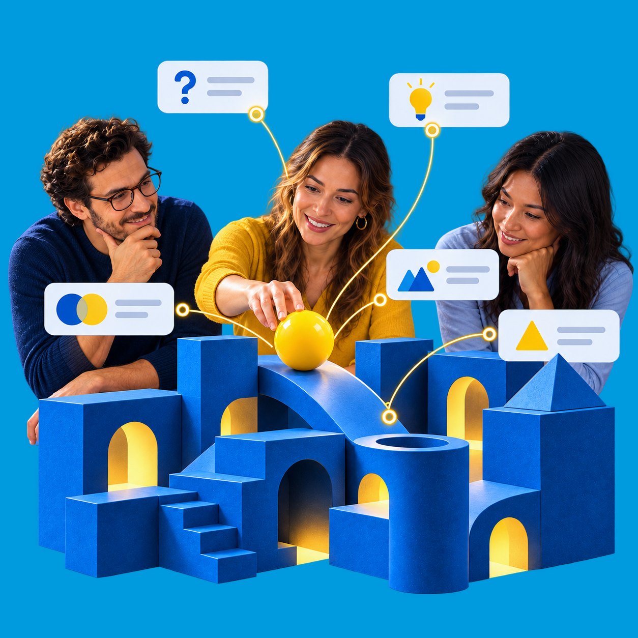 Tres personas de un negocio construyendo juntas con bloques, mientras la inteligencia artificial les ordena las ideas alrededor.
